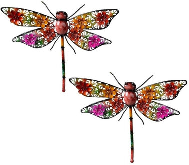 Decoris 3x stuks grote metalen libelle gekleurd 27 x 33 cm tuin decoratie