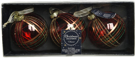 Decoris 3x stuks luxe glazen kerstballen brass gedecoreerd rood 8 cm - Kerstbal