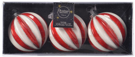 Decoris 3x stuks luxe glazen kerstballen brass rood/wit gestreept met glitter 8 cm Multi