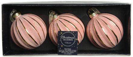 Decoris 3x stuks luxe glazen kerstballen brass roze met glitter 8 cm - Kerstbal