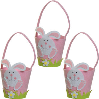 Decoris 3x stuks paasmandjes met Paashaas - vilt - roze - D15 x H31 cm - Feestdecoratievoorwerp