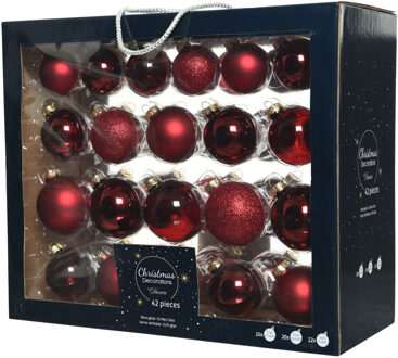 Decoris 42x Glazen kerstballen glans/mat/glitter donkerrood 5-6-7 cm - Kerstbal