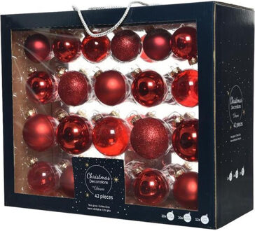 Decoris 42x Glazen kerstballen glans/mat/glitter kerst rood 5-6-7 cm kerst - Kerstbal