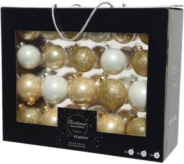 Decoris 42x stuks glazen kerstballen champagne/bruin/wit mix 5-6-7 cm