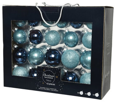 Decoris 42x stuks glazen kerstballen ijsblauw (blue dawn)/donkerblauw 5-6-7 cm