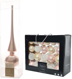 Decoris 42x stuks glazen kerstballen lichtroze parel/wit 5 cm, 6 cm en 7 cm met lichtroze glazen piek 26 cm - Kerstbal