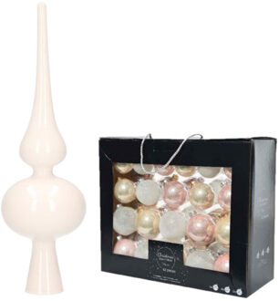 Decoris 42x stuks glazen kerstballen lichtroze parel/wit 5 cm, 6 cm en 7 cm met witte glazen piek 26 cm - Kerstbal