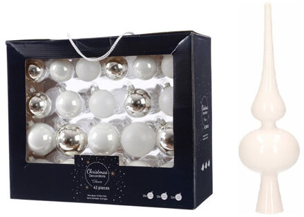Decoris 42x stuks glazen kerstballen wit/zilver 5-6-7 cm inclusief witte piek