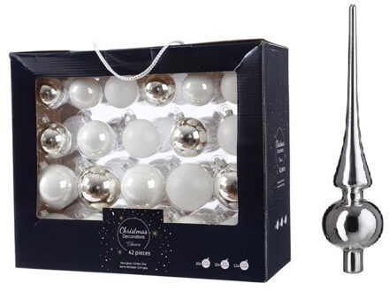 Decoris 42x stuks glazen kerstballen wit/zilver 5-6-7 cm inclusief zilveren piek
