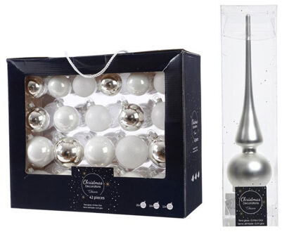 Decoris 42x stuks glazen kerstballen wit/zilver 5-6-7 cm inclusief zilveren piek