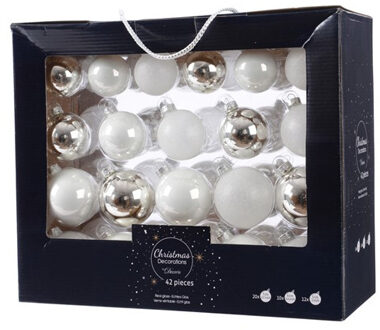 Decoris 42x stuks glazen kerstballen wit/zilver 5-6-7 cm Multi