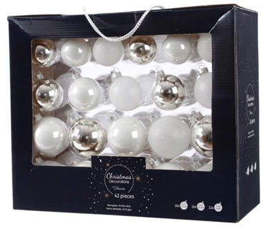 Decoris 42x stuks glazen kerstballen wit/zilver 5-6-7 cm