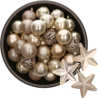 Decoris 43x stuks kunststof kerstballen en sterren ornamenten champagne - Kerstbal Champagnekleurig