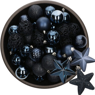 Decoris 43x stuks kunststof kerstballen en sterren ornamenten donkerblauw