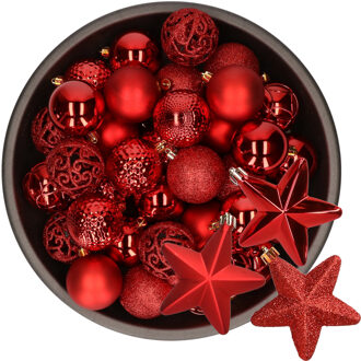 Decoris 43x stuks kunststof kerstballen en sterren ornamenten rood - Kerstbal