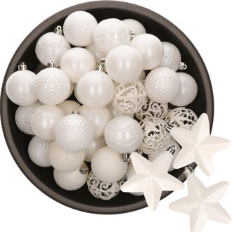 Decoris 43x stuks kunststof kerstballen en sterren ornamenten wit