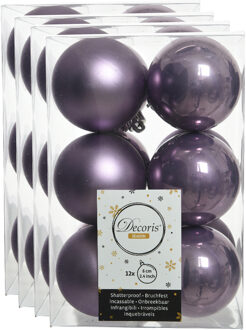 Decoris 48x stuks kunststof kerstballen heide lila paars 6 cm glans/mat