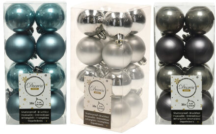 Decoris 48x Stuks kunststof kerstballen mix antraciet grijs/zilver/ijsblauw 4 cm - Kerstbal Multikleur