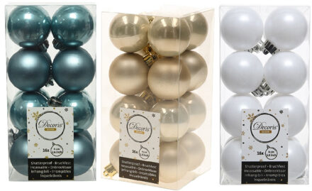 Decoris 48x Stuks kunststof kerstballen mix champagne beige/wit/ijsblauw 4 cm - Kerstbal Multikleur