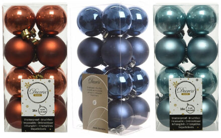 Decoris 48x Stuks kunststof kerstballen mix donkerblauw/terra bruin/ijsblauw 4 cm