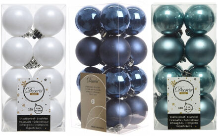 Decoris 48x Stuks kunststof kerstballen mix donkerblauw/wit/ijsblauw 4 cm