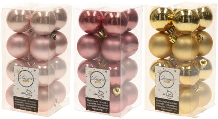 Decoris 48x Stuks kunststof kerstballen mix goud/lichtroze/oud roze 4 cm - Kerstbal Multikleur