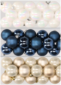 Decoris 48x stuks kunststof kerstballen mix van parelmoer wit, donkerblauw en champagne 4 cm