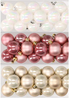 Decoris 48x stuks kunststof kerstballen mix van parelmoer wit, oudroze en champagne 4 cm - Kerstbal Multikleur