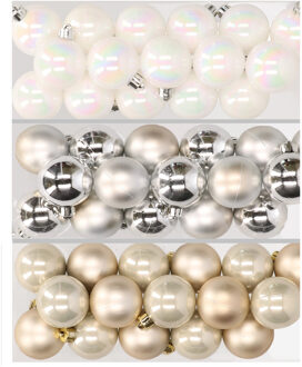 Decoris 48x stuks kunststof kerstballen mix van parelmoer wit, zilver en champagne 4 cm - Kerstbal Multikleur