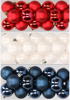 Decoris 48x stuks kunststof kerstballen mix van rood, wit en donkerblauw 4 cm