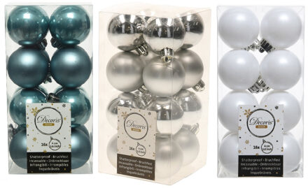 Decoris 48x Stuks kunststof kerstballen mix wit/zilver/ijsblauw 4 cm - Kerstbal Multikleur