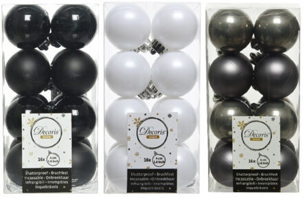 Decoris 48x Stuks kunststof kerstballen mix zwart/antraciet grijs/wit 4 cm - Kerstbal Multikleur