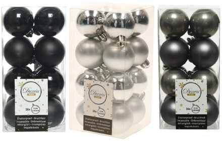 Decoris 48x Stuks kunststof kerstballen mix zwart/antraciet grijs/zilver 4 cm - Kerstbal Multikleur