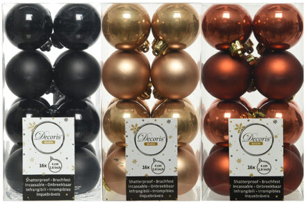 Decoris 48x Stuks kunststof kerstballen mix zwart/terra bruin/camel bruin 4 cm - Kerstbal Multikleur