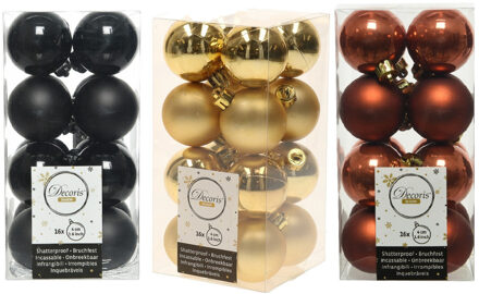 Decoris 48x Stuks kunststof kerstballen mix zwart/terra bruin/goud 4 cm