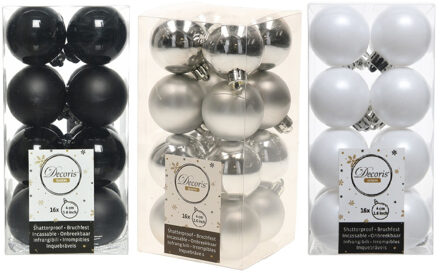 Decoris 48x Stuks kunststof kerstballen mix zwart/zilver/wit 4 cm - Kerstbal Multikleur