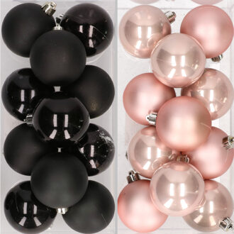 Decoris 48x stuks kunststof kerstballen zwart en lichtroze 6 cm