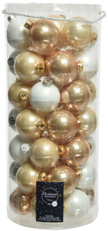 Decoris 49x stuks glazen kerstballen champagne/toffee bruin/wit 6 cm glans en mat - Kerstbal Multikleur