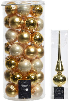 Decoris 49x stuks glazen kerstballen goud 6 cm inclusief gouden piek - Kerstbal Goudkleurig