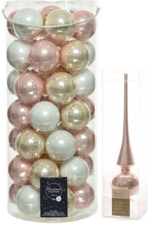 Decoris 49x stuks glazen kerstballen lichtroze/parel/wit 6 cm inclusief lichtroze piek - Kerstbal