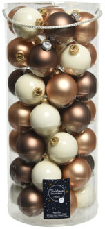 Decoris 49x stuks glazen kerstballen wolwit en bruin tinten 6 cm glans en mat - Kerstbal Multikleur