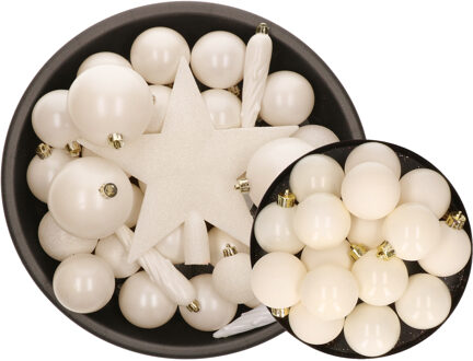 Decoris 49x stuks kunststof kerstballen en ijspegels met ster piek wol wit