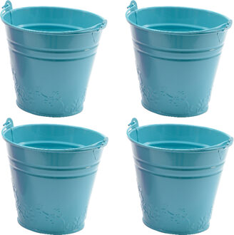 Decoris 4x bloempotjes/plantenpotjes bloemen relief - zink - D11 x H11 cm - blauw