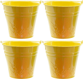 Decoris 4x bloempotjes/plantenpotjes bloemen relief - zink - D11 x H11 cm - geel