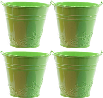 Decoris 4x bloempotjes/plantenpotjes bloemen relief - zink - D11 x H11 cm - groen