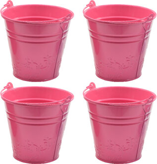 Decoris 4x bloempotjes/plantenpotjes bloemen relief - zink - D11 x H11 cm - roze