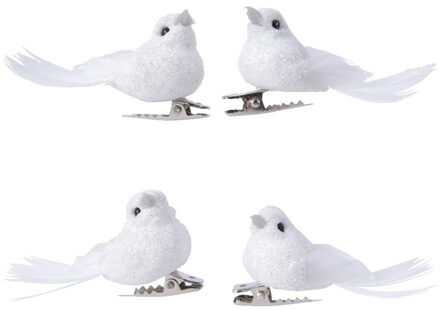 Decoris 4x Decoratie glitter vogeltjes wit op clip 5 cm