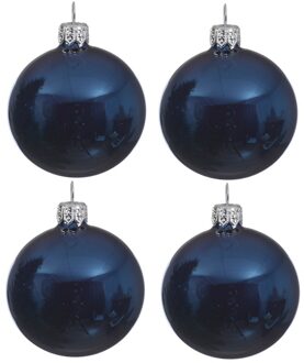 Decoris 4x Donkerblauwe glazen kerstballen 10 cm glans