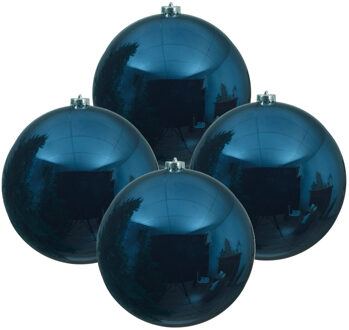 Decoris 4x Grote donkerblauwe kerstballen van 14 cm glans van kunststof