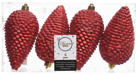 Decoris 4x Kerst rode dennenappels kerstballen 12 cm kunststof glitter Rood
